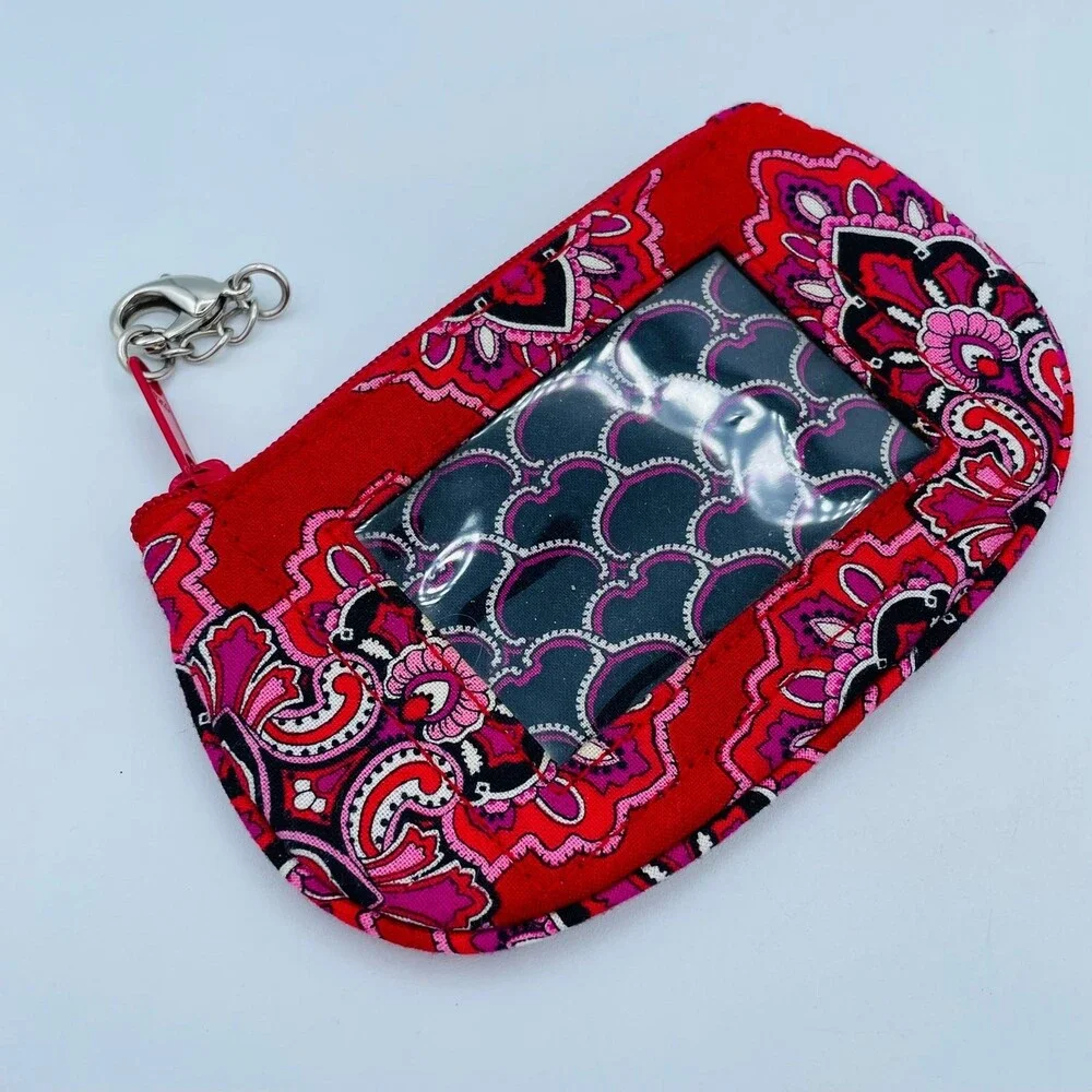 Vera Bradley Frankly Scarlet Zipper ID Wallet Keychain Coin Purse Red Pink Black